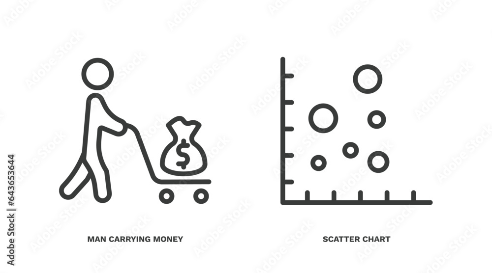 set of business and finance thin line icons. business and finance outline icons included man carrying money, scatter chart vector. set of business and finance thin line icons. business and finance outline icons included man carrying money, scatter chart vector.