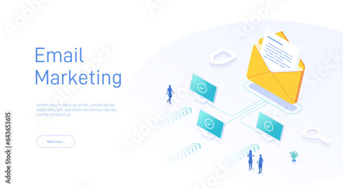 Email marketing concept. Electronic mail messageas part of business marketing. Webmail or mobile service layout for website landing header. Newsletter sending background. Isometric vector illustration