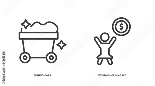 set of business and finance thin line icons. business and finance outline icons included mining cart, woman holding big coin vector.