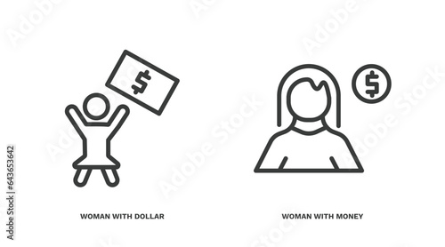 set of business and finance thin line icons. business and finance outline icons included woman with dollar bill, woman with money vector.