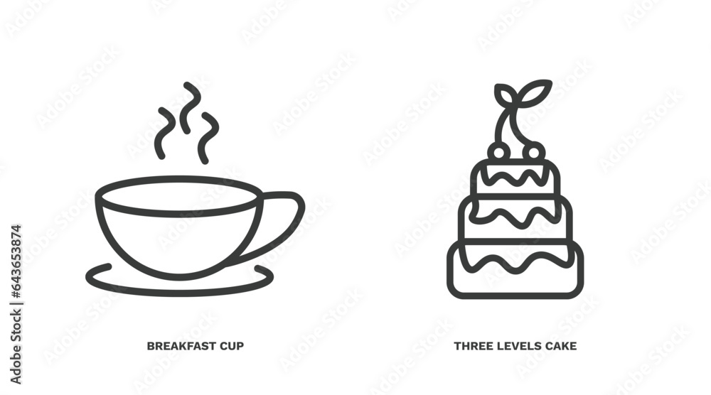set of restaurant thin line icons. restaurant outline icons included breakfast cup, three levels cake vector. set of restaurant thin line icons. restaurant outline icons included breakfast cup, three levels cake vector.