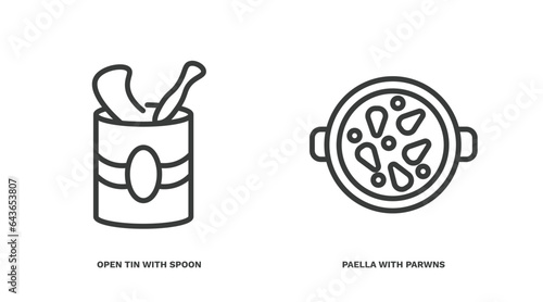 set of restaurant thin line icons. restaurant outline icons included open tin with spoon, paella with parwns vector.