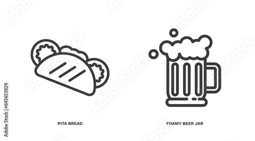 set of restaurant thin line icons. restaurant outline icons included pita bread, foamy beer jar vector.