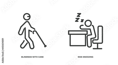 set of behavior and action thin line icons. behavior and action outline icons included blindman with cane, man snoozing vector.