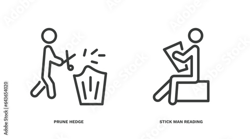 set of behavior and action thin line icons. behavior and action outline icons included prune hedge, stick man reading vector.
