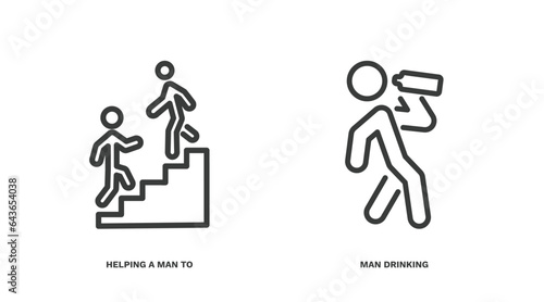 set of behavior and action thin line icons. behavior and action outline icons included helping a man to climb, man drinking vector.