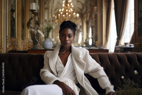 a photo of a gorgeous young african woman sitting on a couch in a luxurious posh living room, parisian style interior with tall windows, white paneled walls, fireplace, golden sophisticated decoration