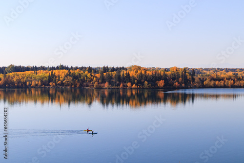 People kayaking in Glenmore Reservoir on a clear Autumnal morning