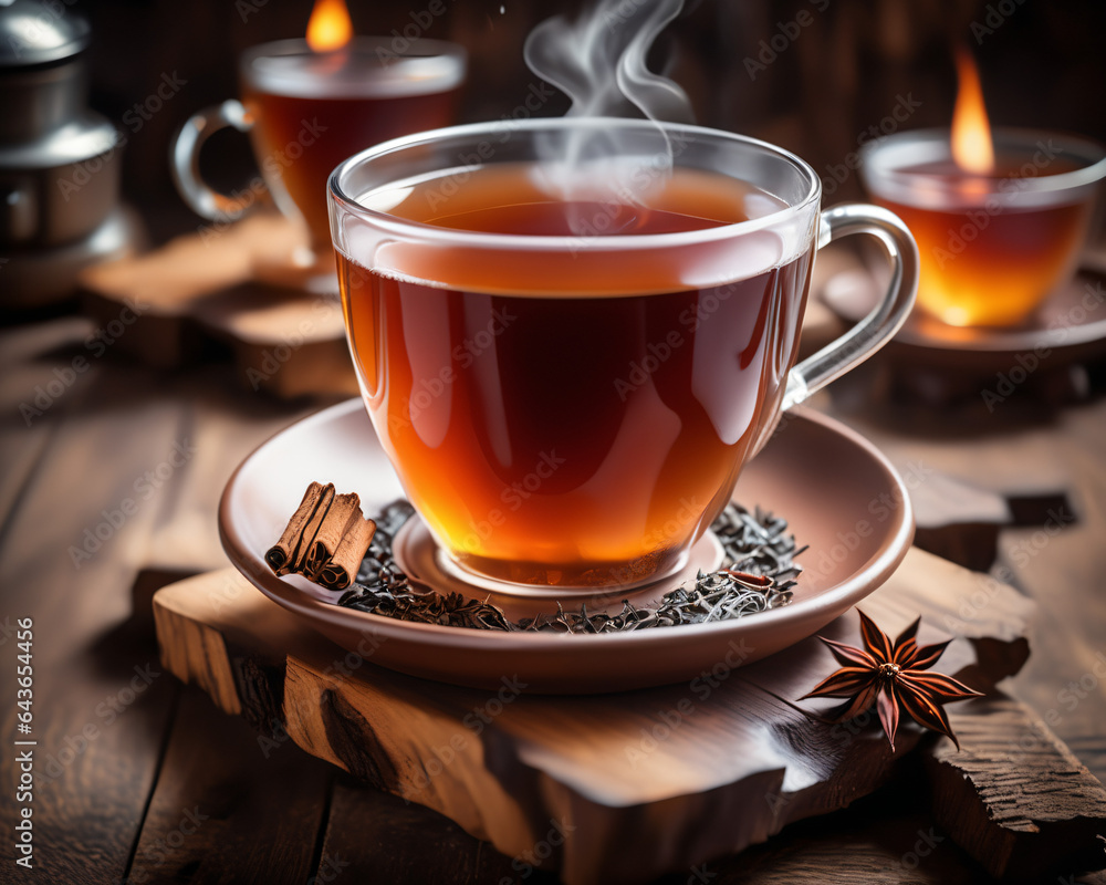 cup of tea on a wooden table, created using generative AI technology cup of tea on a wooden table, created using generative AI technology