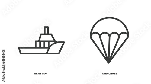 set of military and war and thin line icons. military and war outline icons included army boat, parachute vector.