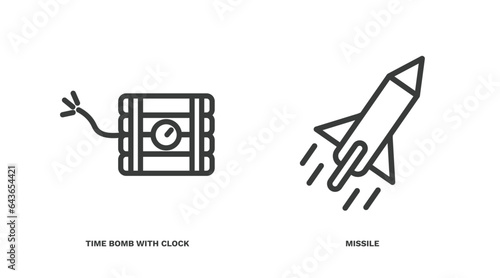 set of military and war and thin line icons. military and war outline icons included time bomb with clock, missile vector.