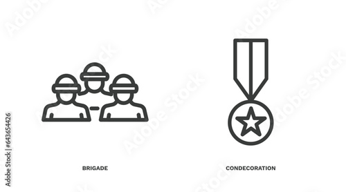 set of military and war and thin line icons. military and war outline icons included brigade, condecoration vector.