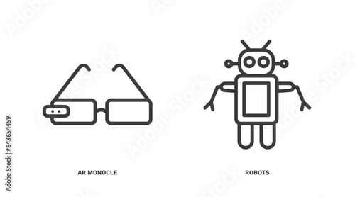 set of ai and future technology thin line icons. ai and future technology outline icons included ar monocle, robots vector.