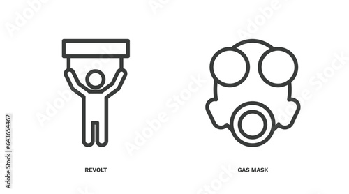 set of military and war and thin line icons. military and war outline icons included revolt, gas mask vector.