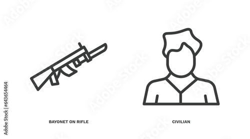 set of military and war and thin line icons. military and war outline icons included bayonet on rifle, civilian vector.