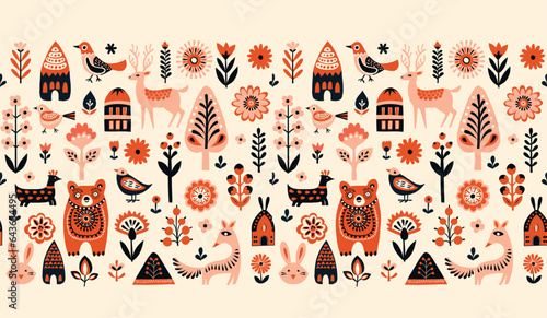 Simple minimalist Scandinavian pattern with forest animals cozy cottages
