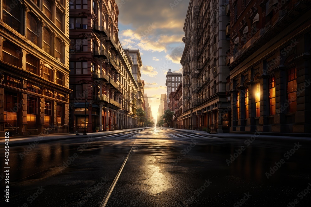 perspective of a street view of a retro urban city. 1900s city street view. sunset alley.