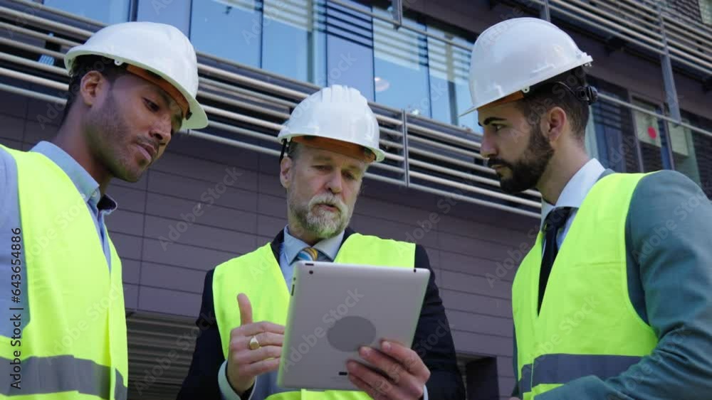 Several engineers look focused at tablet screen outdoors using digital display. Successful architects meeting for new project. People gathered together discussing plans in safety clothing Several engineers look focused at tablet screen outdoors using digital display. Successful architects meeting for new project. People gathered together discussing plans in safety clothing