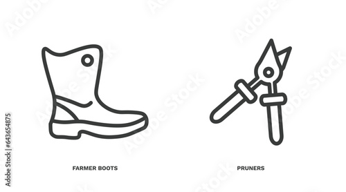 set of agriculture and farm thin line icons. agriculture and farm outline icons included farmer boots, pruners vector.