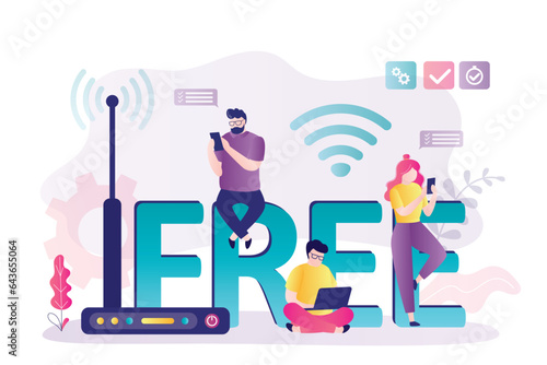 Various people use wireless connection technologies. Free Wi Fi hotspot zone. Communication background. Devices connected in network. Wireless access point, router with good signal