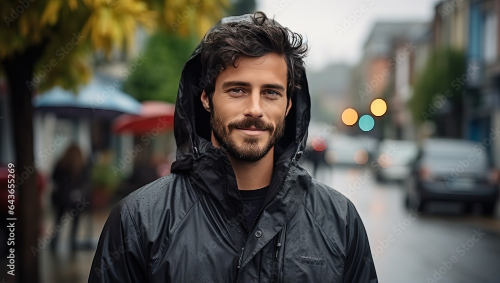 Portrait of a handsome young man with a beard in a raincoat. Portrait of a handsome young man with a beard in a raincoat.