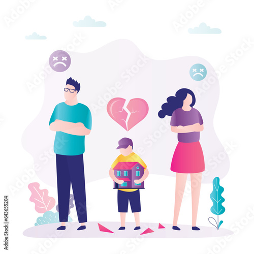 Couple in quarrel. Depression and divorce concept. Unhappy son between parents. Relationship, family conflict, stress and psychology problems. Male and female characters.