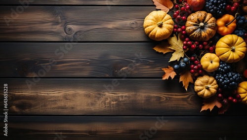 Autumn background with pumpkins, berries and leaves on wooden background