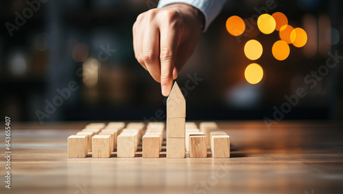 Businessman placing wooden block on the top of a row of wooden blocks.