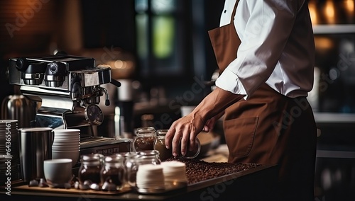 Cropped image of professional barista preparing coffee in the cafe.