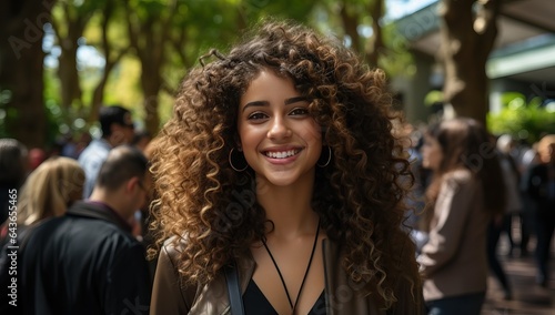 Portrait of a beautiful young woman with curly hair in the street