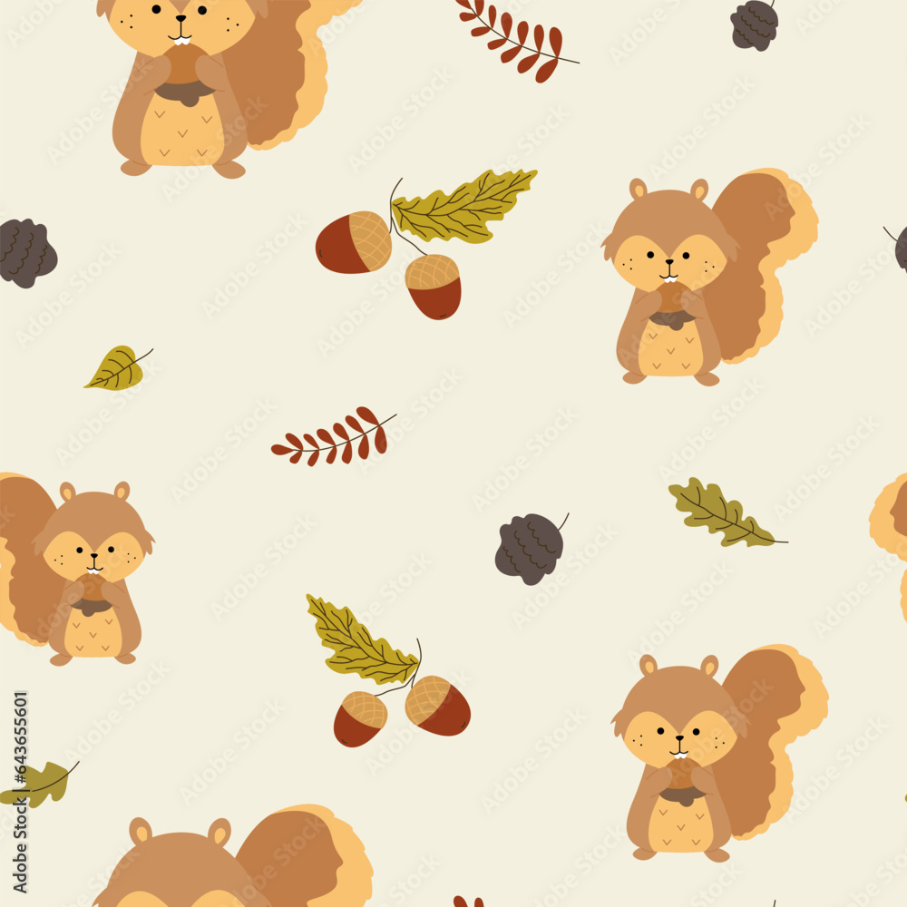 Fototapeta premium Seamless forest pattern with cute forest animals - fox, deer, hedgehog, squirrel, bear illustrations. Vector illustration