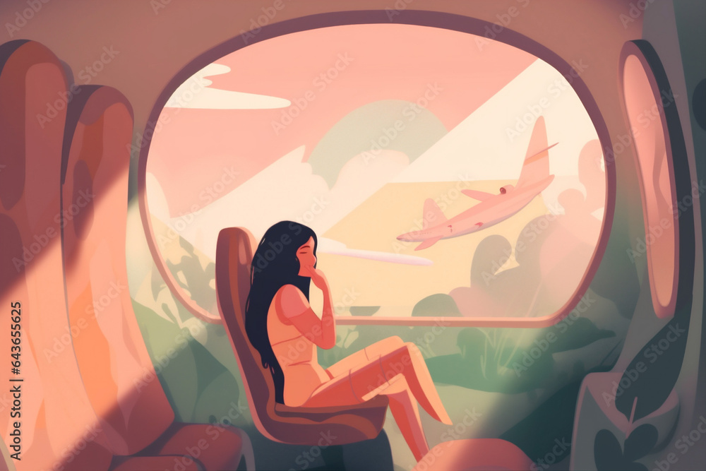 woman plane journey flight window cabin seat trip passenger character transportation. Generative AI.