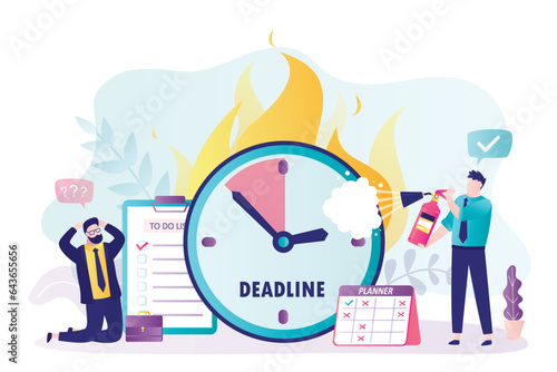 Unhappy employees near burning stopwatch, deadline concept. Alarm clock in fire. Be in time. Stress from being overwhelmed, heavy work schedules. Manager with burnout, psychological pressure.