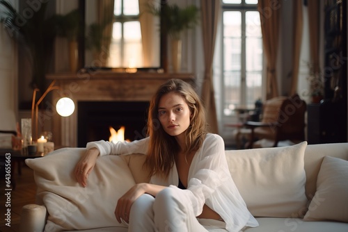 a photo of a gorgeous young woman sitting on a couch in a luxurious posh living room, parisian style interior with tall windows, white paneled walls, fireplace, golden sophisticated decoration © Romana