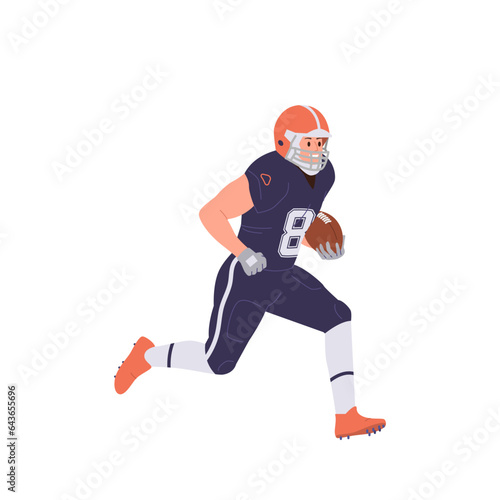 American football player cartoon quarterback character running with ball isolated on white