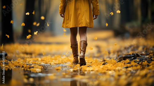 Woman taking walk in autumn park on rainy day