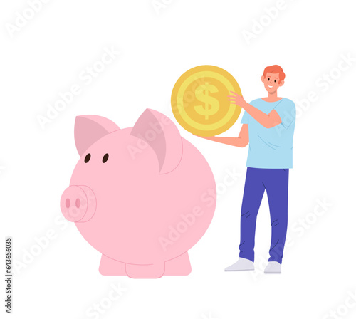 Happy man cartoon character saving money putting golden dollar coin into piggybank moneybox
