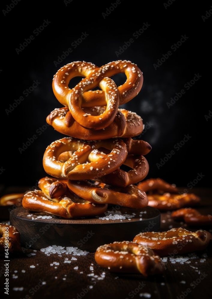 Fresh crispy pretzels with salt on the dark background. Generative AI. Fresh crispy pretzels with salt on the dark background. Generative AI.