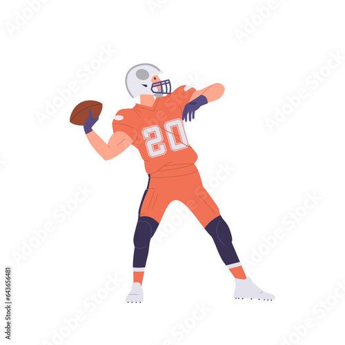 Isolated american football player cartoon character in uniform and protective helmet throwing ball