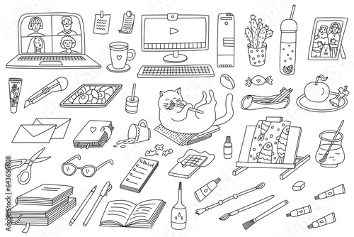 Designer, artist or freelancer workplace set. Home office vector doodle hand drawn illustration black outline. Stationary, computers, work tools and funny cat.