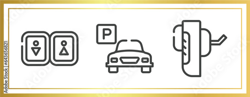 travel accessories outline icons set. linear icons sheet included toilets, parking hotel, breathalyzer vector.