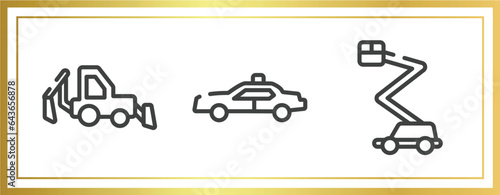 transporters outline icons set. linear icons sheet included backhoe, police car side view, aerial lift vector.