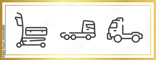 transporters outline icons set. linear icons sheet included airport cart, truck cabin side view, pickup truck side view vector.