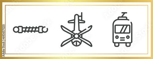 public transport outline icons set. linear icons sheet included damper, helicopter black shape top view, trolley bus vector.