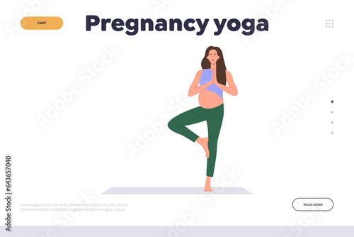 Pregnancy yoga home workout advertising landing page with pregnant woman in tree asana design