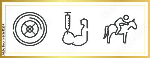 sports outline icons set. linear icons sheet included weight plates, steroids, horse riding vector.