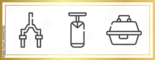 fisherman outline icons set. linear icons sheet included bicycle fork, boxing bag, tackle box vector.