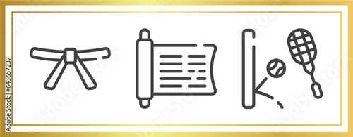 sports outline icons set. linear icons sheet included black belt, sacred scriptures, squash vector.