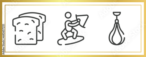 martial arts outline icons set. linear icons sheet included whole wheat bread, wakeboarding, speed bag vector.