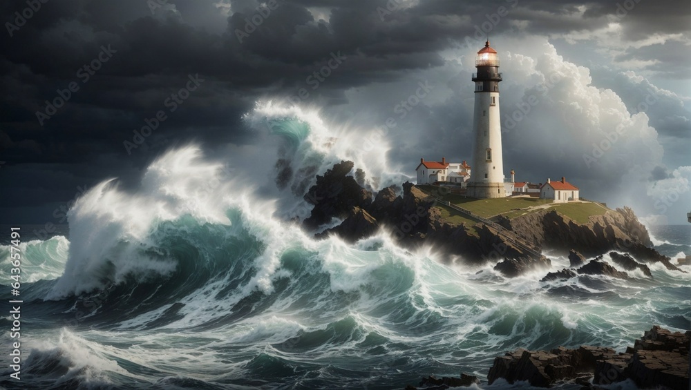 lighthouse in the sea with sea storm